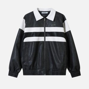 Concert Outfit Color Blocking Stripe Faux Leather Jacket