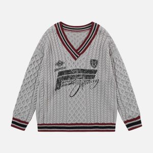 Concert Outfit Colorblock Lettering V-Neck Sweater