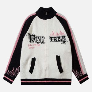 Concert Outfit Contrast Color Jacquard Mock Neck Zipper Sweater