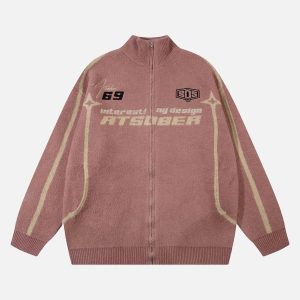 Concert Outfit Contrast Color Racing Zip-Up Cardigan