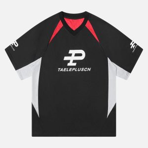 Concert Outfit Contrast Color Sporty V-Neck Jersey T-Shirt