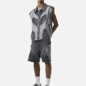 Concert Outfit Contrast Denim Heart Stitching Street Rap Vest