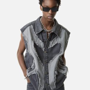 Concert Outfit Contrast Denim Heart Stitching Street Rap Vest