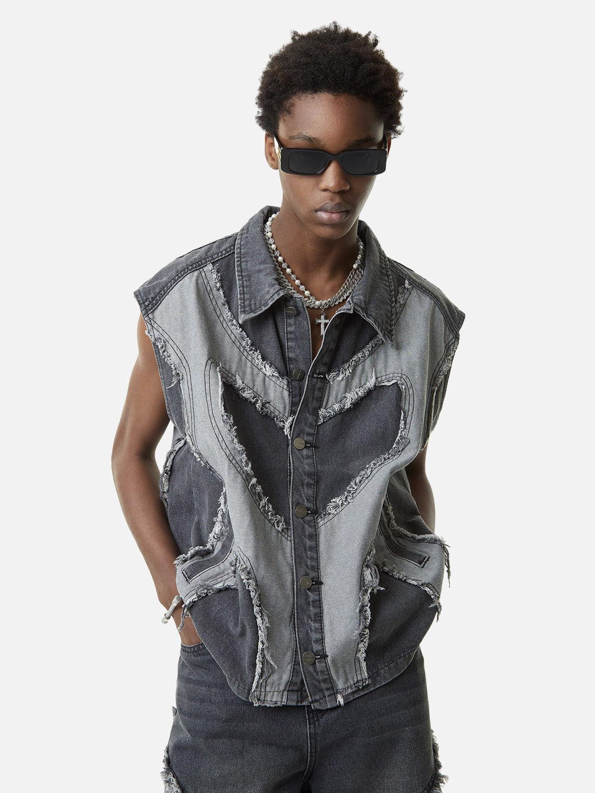 Concert Outfit Contrast Denim Heart Stitching Street Rap Vest Concert Outfit Contrast Denim Heart Stitching Street Rap Vest