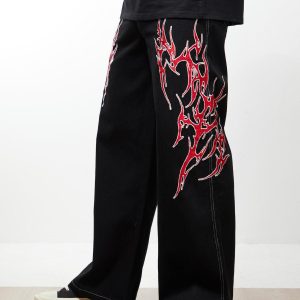Concert Outfit Contrast Flame Embroidered Baggy Jeans