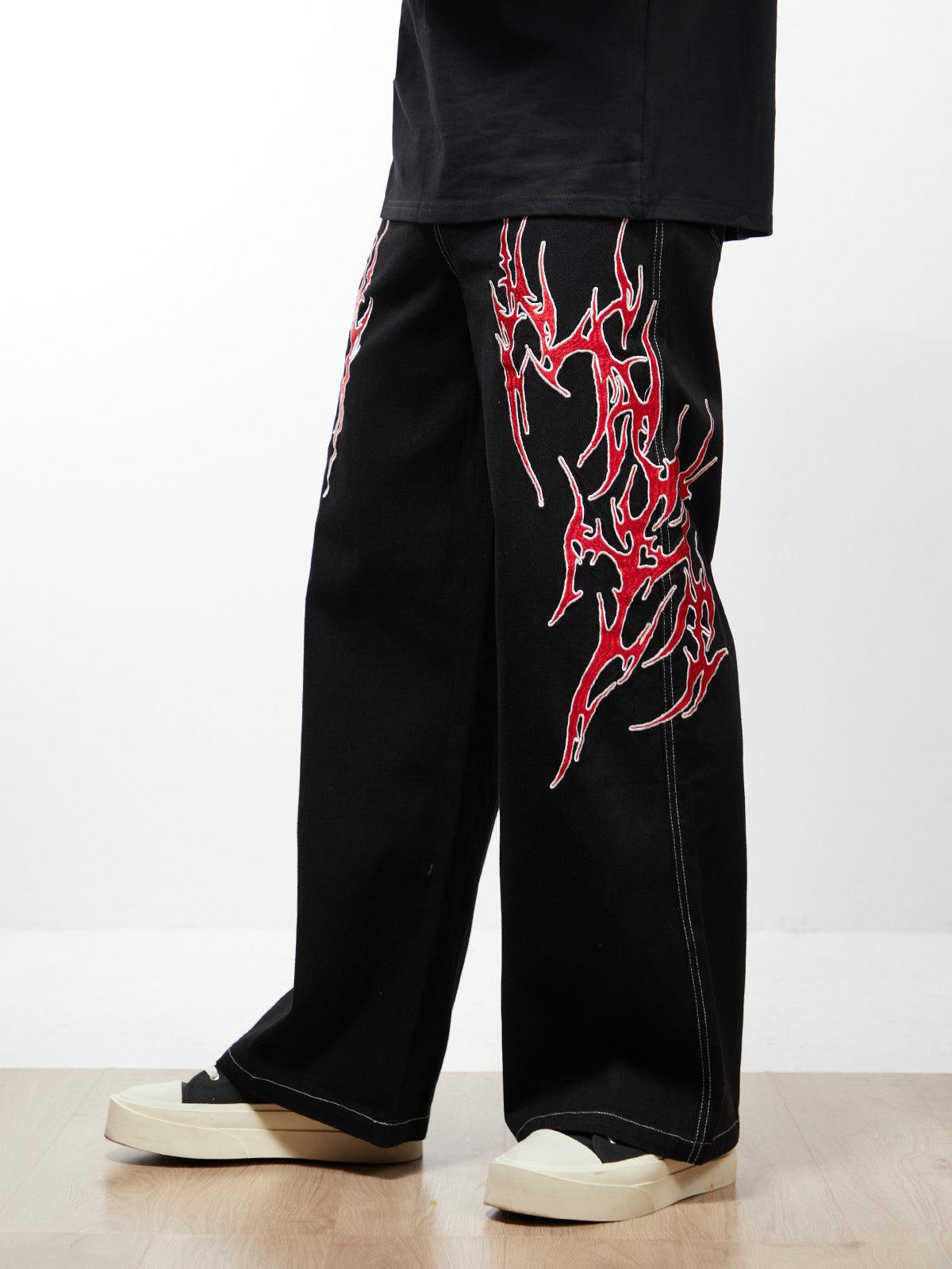 Concert Outfit Contrast Flame Embroidered Baggy Jeans Concert Outfit Contrast Flame Embroidered Baggy Jeans