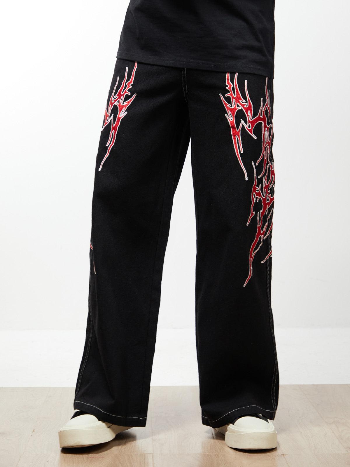 Concert Outfit Contrast Flame Embroidered Baggy Jeans Concert Outfit Contrast Flame Embroidered Baggy Jeans