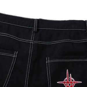 Concert Outfit Contrast Flame Embroidered Baggy Jeans