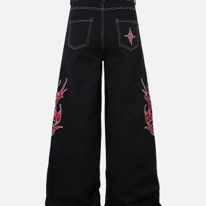 Concert Outfit Contrast Flame Embroidered Baggy Jeans