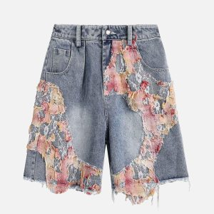 Concert Outfit Craftsmanship Ripped Floral Denim Shorts