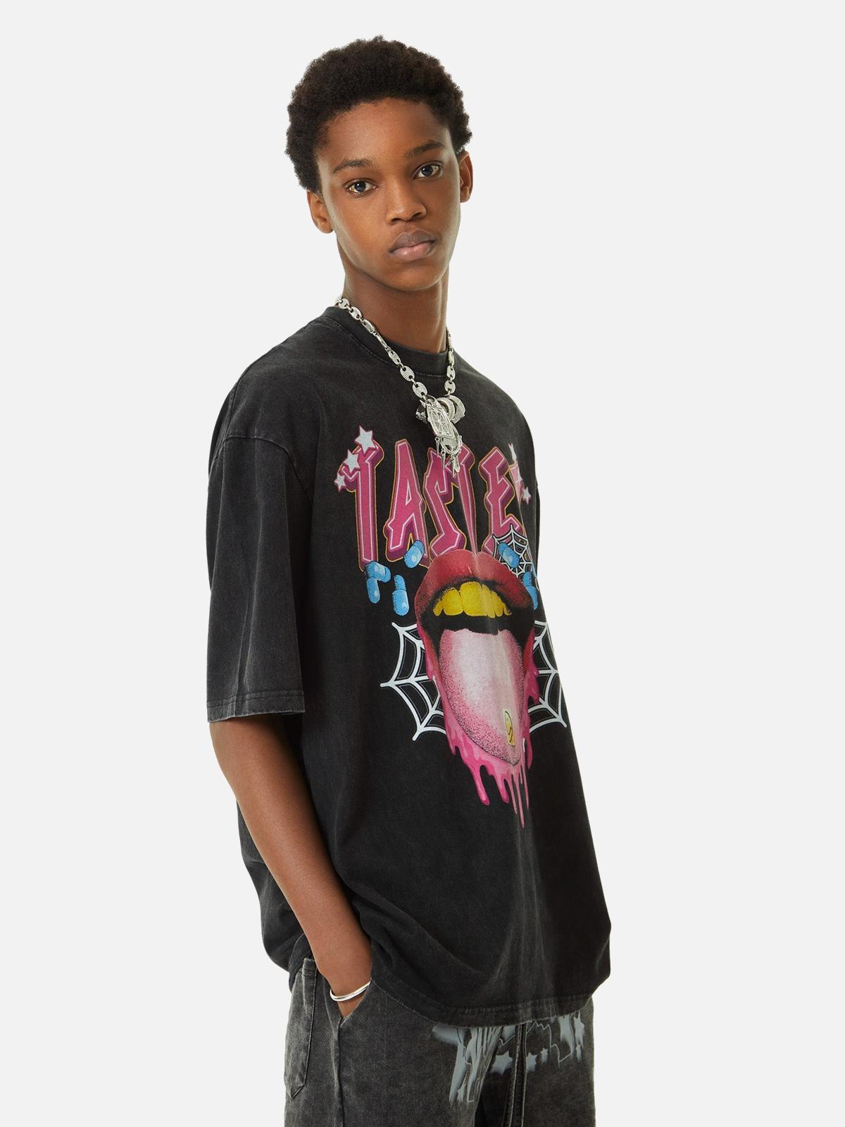 Concert Outfit Creative Fun Big Tongue Print T-Shirt Concert Outfit Creative Fun Big Tongue Print T-Shirt