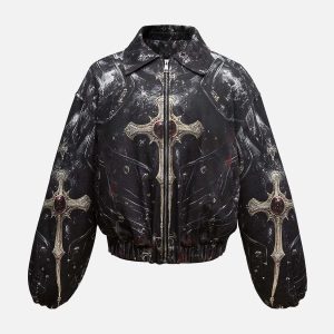 Concert Outfit Cross Printed Zip Up Quilted Bomber Jacket