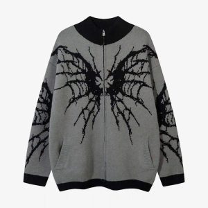 Concert Outfit Dark Spider Web Zipper Stand Collar Cardigan