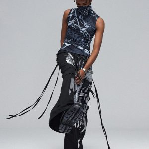 Concert Outfit Deconstructed Brushed Silver Ribbon Drawstring Pant