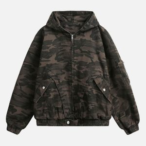 Concert Outfit Deconstructed Camouflage Workwear Cardigan Hooded Jacket