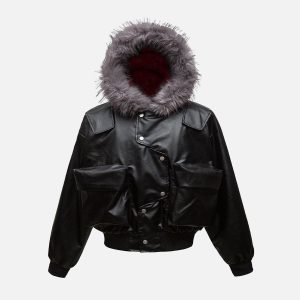 Concert Outfit Deconstructed Multi Pocket Fur Hooded PU Leather Jacket