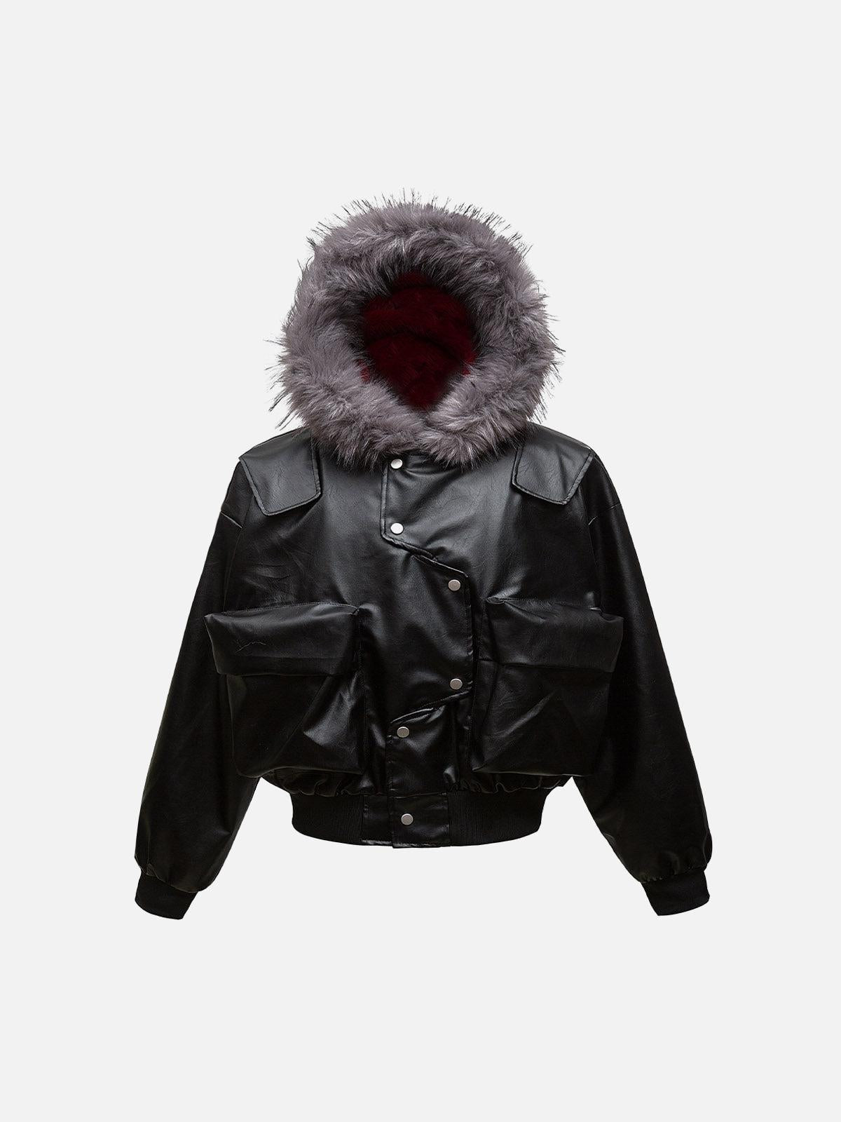 Concert Outfit Deconstructed Multi Pocket Fur Hooded PU Leather Jacket Concert Outfit Deconstructed Multi Pocket Fur Hooded PU Leather Jacket