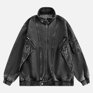 Concert Outfit Deconstructed Stand Collar Denim Jacket