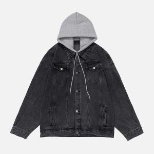 Concert Outfit Detachable Hood Solid Denim Jacket