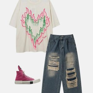 Concert Outfit Distressed Design Loose Jeans