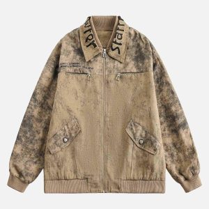 Concert Outfit Distressed  Double-Layer Collar Workwear Jacket