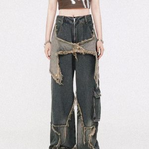 Concert Outfit Distressed Effect Patchwork Star Denim Jeans