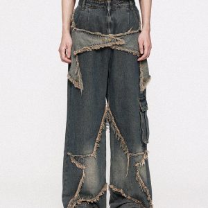 Concert Outfit Distressed Effect Patchwork Star Denim Jeans