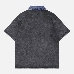Concert Outfit Distressed Embroidered Denim Collar Polo Shirt