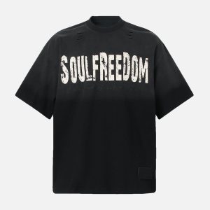 Concert Outfit Distressed Gradient Letter Print Crew Neck T-Shirt