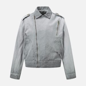 Concert Outfit Distressed Irregular Zip Up Denim Jacket