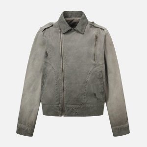 Concert Outfit Distressed Irregular Zip Up Denim Jacket