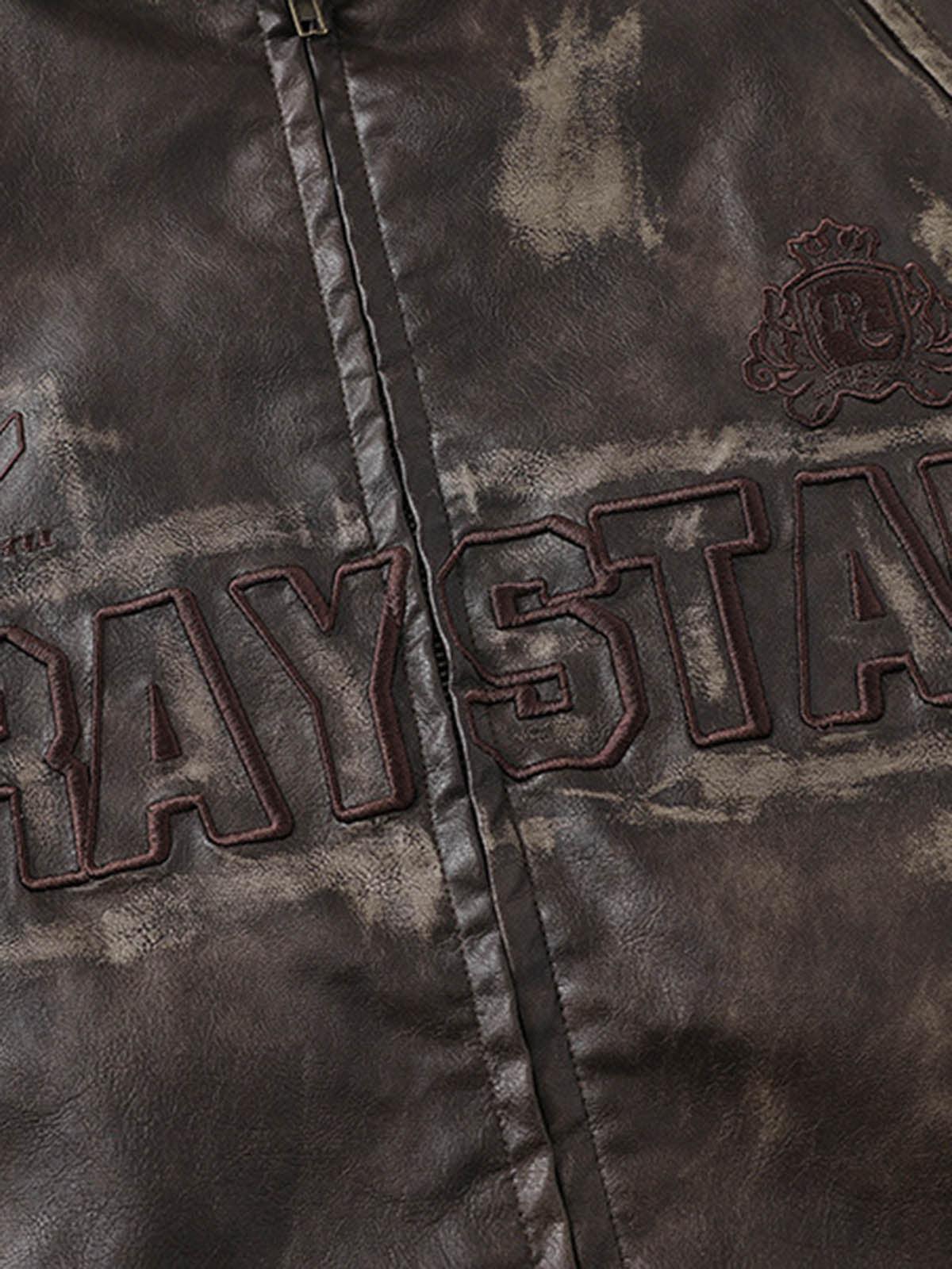 Concert Outfit Distressed Letter Embroidery Motorcycle PU Leather Jacket Concert Outfit Distressed Letter Embroidery Motorcycle PU Leather Jacket