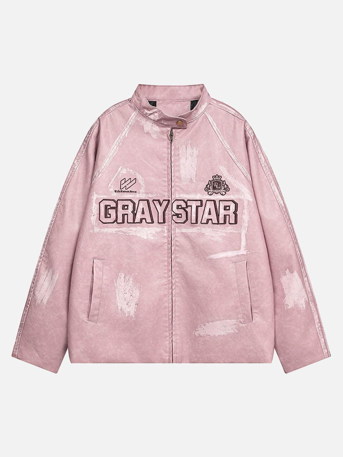 Concert Outfit Distressed Letter Embroidery Motorcycle PU Leather Jacket Concert Outfit Distressed Letter Embroidery Motorcycle PU Leather Jacket