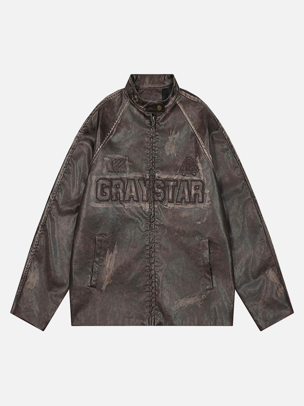 Concert Outfit Distressed Letter Embroidery Motorcycle PU Leather Jacket Concert Outfit Distressed Letter Embroidery Motorcycle PU Leather Jacket