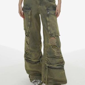 Concert Outfit Distressed Multi Pocket Loose Jeans