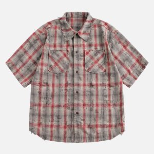 Concert Outfit Distressed Patch Plaid Short-Sleeve Shirt