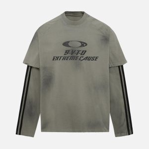 Concert Outfit Distressed Printed Faux Two-Piece Long-Sleeved T-Shirt