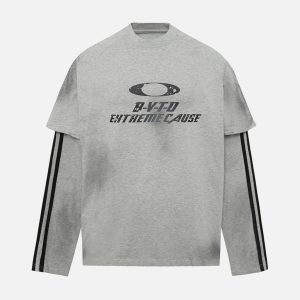 Concert Outfit Distressed Printed Faux Two-Piece Long-Sleeved T-Shirt