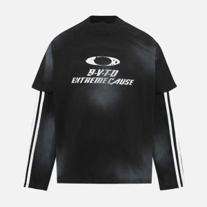 Concert Outfit Distressed Printed Faux Two-Piece Long-Sleeved T-Shirt