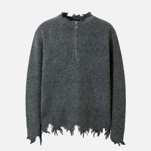 Concert Outfit Distressed Quarter Zip Sweater