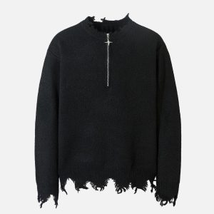 Concert Outfit Distressed Quarter Zip Sweater