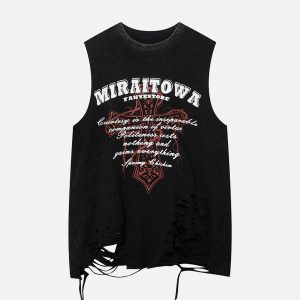 Concert Outfit Distressed Ripped Graphic Cross Print Vest