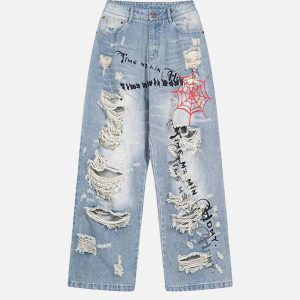 Concert Outfit Distressed Spider Letter Print Jeans