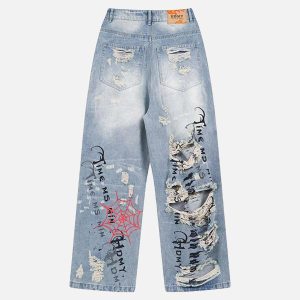 Concert Outfit Distressed Spider Letter Print Jeans