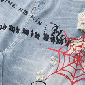 Concert Outfit Distressed Spider Letter Print Jeans