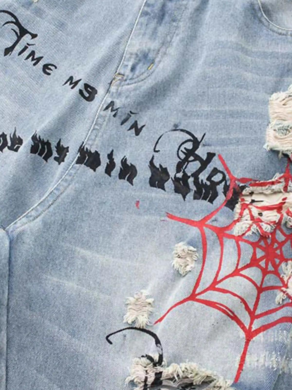 Concert Outfit Distressed Spider Letter Print Jeans Concert Outfit Distressed Spider Letter Print Jeans