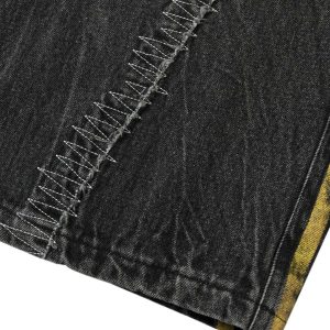 Concert Outfit Distressed Striped Side Chain Patchwork Ripped Straight Jeans