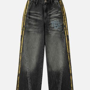 Concert Outfit Distressed Striped Side Chain Patchwork Ripped Straight Jeans