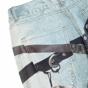 Concert Outfit Distressed Washed Ink-Splashed Chain Print Baggy Jeans