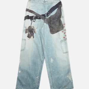 Concert Outfit Distressed Washed Ink-Splashed Chain Print Baggy Jeans